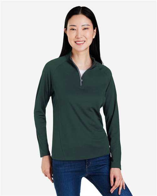 Core 365 CE418W Women's Origin Performance Pique Quarter-Zip Pullover - Forest/ Carbon - model front