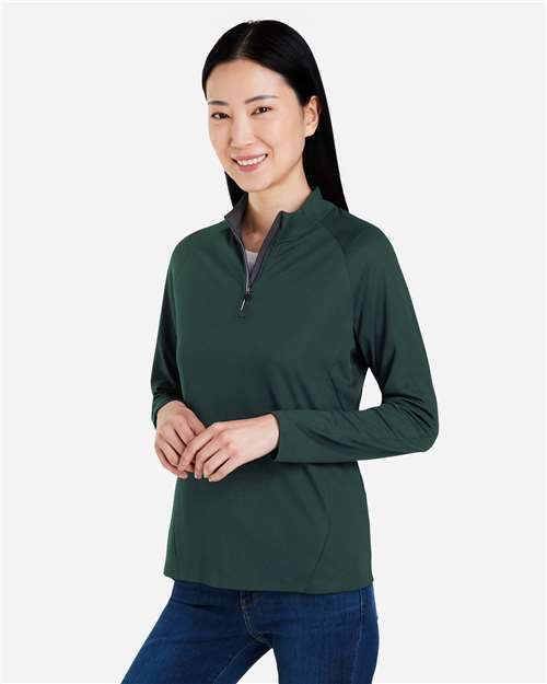 Core 365 CE418W Women's Origin Performance Pique Quarter-Zip Pullover - Forest/ Carbon - model side