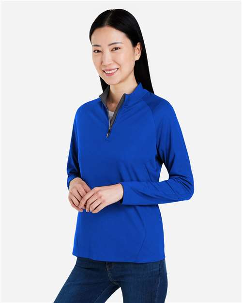 Core 365 CE418W Women's Origin Performance Pique Quarter-Zip Pullover - True Royal/ Carbon - model side
