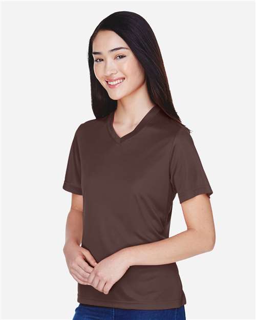Team 365 TT11W Women's Zone Performance T-Shirt - Sport Dark Brown - model side