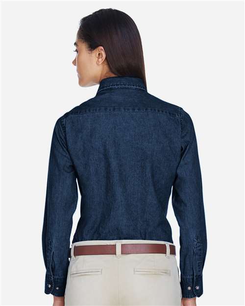 Harriton M550W Women's Denim Shirt - Dark Denim - model back