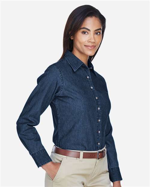 Harriton M550W Women's Denim Shirt - Dark Denim - model side