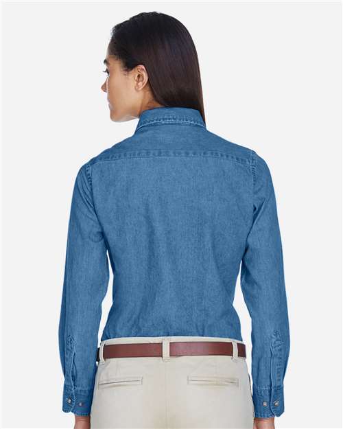 Harriton M550W Women's Denim Shirt - Light Denim - model back