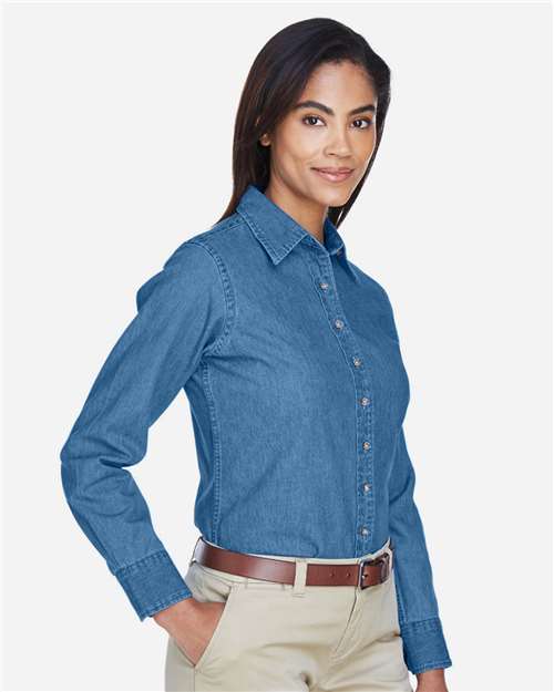 Harriton M550W Women's Denim Shirt - Light Denim - model side