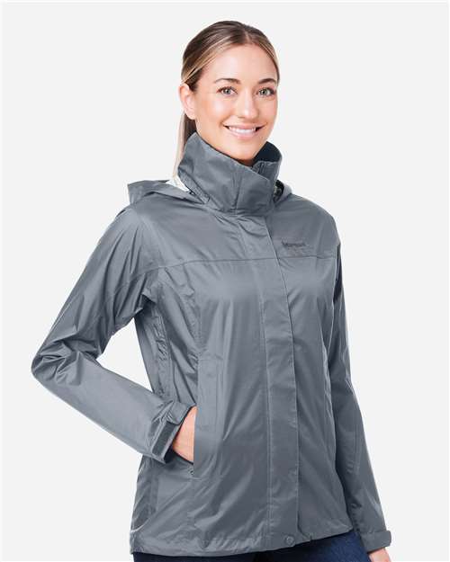 Marmot M15866 Women's PreCip Eco Packable Rain Jacket - Steel Onyx - model side