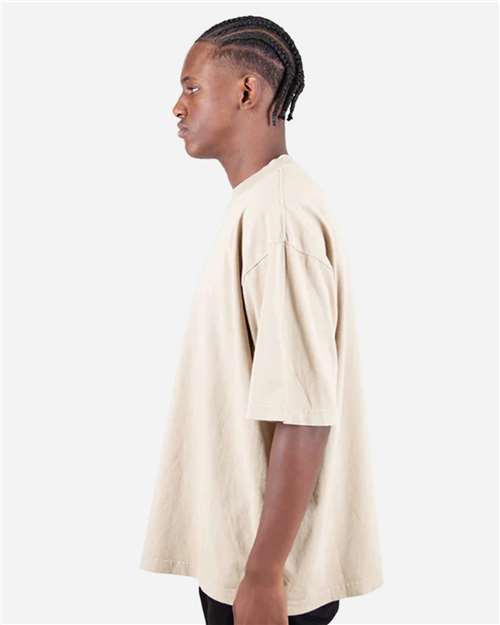 Shaka Wear SHGDD Unisex Max Heavyweight Garment-Dyed Drop Shoulder T-Shirt - Cream - model side