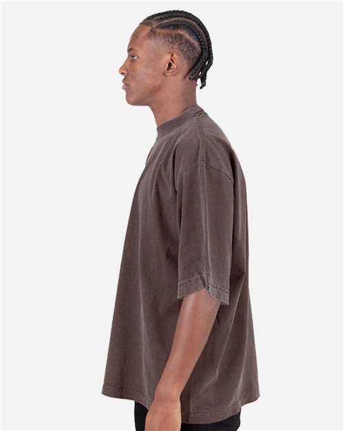Shaka Wear SHGDD Unisex Max Heavyweight Garment-Dyed Drop Shoulder T-Shirt - Mocha - model side