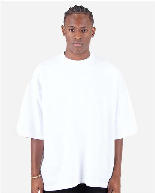 Shaka Wear SHGDD Unisex Max Heavyweight Garment-Dyed Drop Shoulder T-Shirt - White - model front