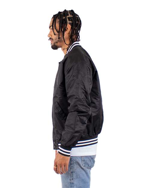 Shaka Wear SHVBJ Unisex Varsity Bomber Jacket - Black - model side