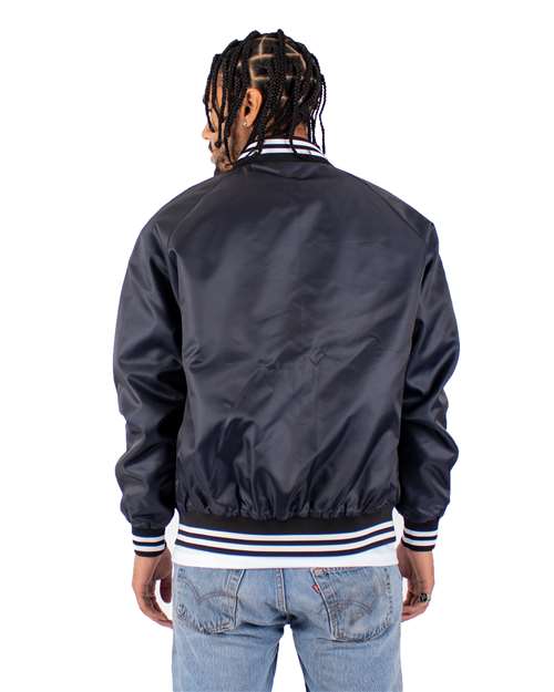 Shaka Wear SHVBJ Unisex Varsity Bomber Jacket - Navy - model back