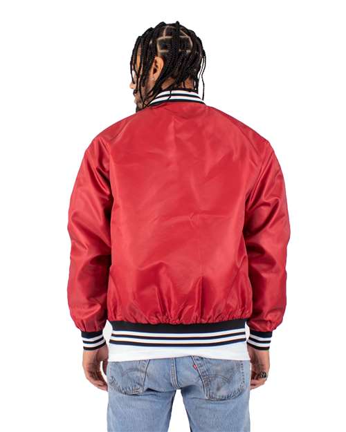 Shaka Wear SHVBJ Unisex Varsity Bomber Jacket - Red - model back