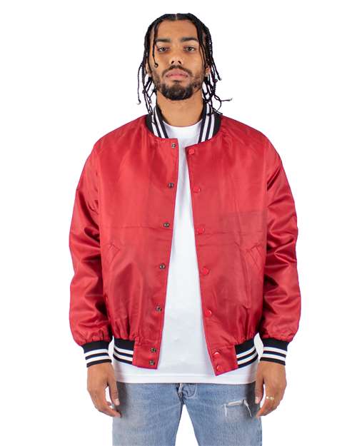Shaka Wear SHVBJ Unisex Varsity Bomber Jacket - Red - model front
