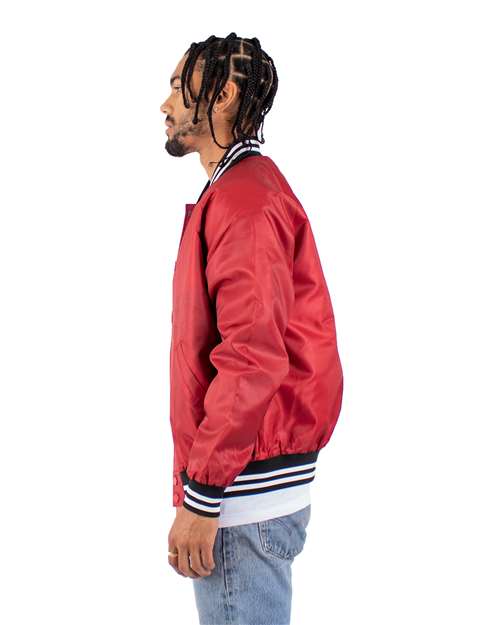 Shaka Wear SHVBJ Unisex Varsity Bomber Jacket - Red - model side
