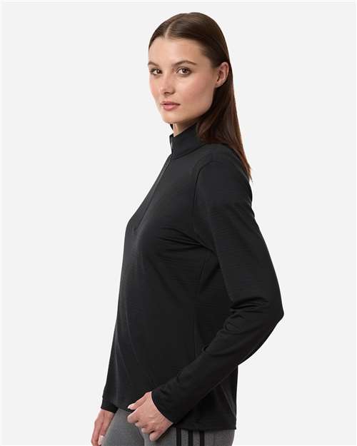 Adidas A709 Women's Textured Stripe Quarter-Zip Pullover - Black - model side