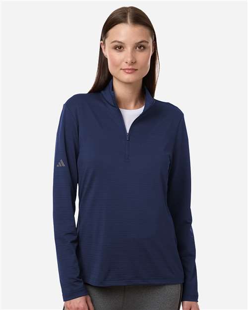 Adidas A709 Women's Textured Stripe Quarter-Zip Pullover - Dark Blue - model front