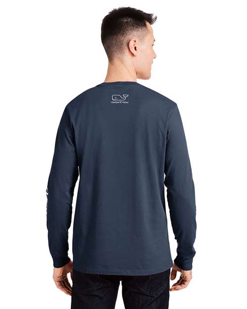 vineyard vines V021214 Unisex Long Sleeve Pocket T-Shirt - Blue Blazer/ White Cap - model back