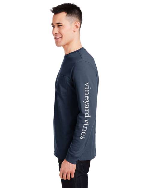 vineyard vines V021214 Unisex Long Sleeve Pocket T-Shirt - Blue Blazer/ White Cap - model side