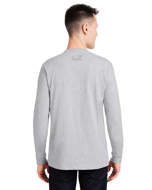 vineyard vines V021214 Unisex Long Sleeve Pocket T-Shirt - Grey Heather/ Blue Blazer - model back