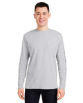 vineyard vines V021214 Unisex Long Sleeve Pocket T-Shirt - Grey Heather/ Blue Blazer - model front