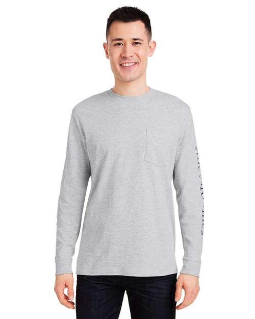 vineyard vines V021214 Unisex Long Sleeve Pocket T-Shirt - Grey Heather/ Blue Blazer - model front