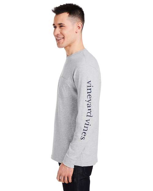 vineyard vines V021214 Unisex Long Sleeve Pocket T-Shirt - Grey Heather/ Blue Blazer - model side
