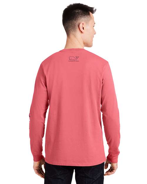vineyard vines V021214 Unisex Long Sleeve Pocket T-Shirt - Jetty Red/ Blue Blazer - model back