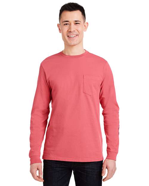 vineyard vines V021214 Unisex Long Sleeve Pocket T-Shirt - Jetty Red/ Blue Blazer - model front