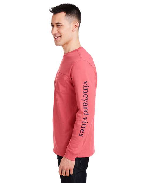 vineyard vines V021214 Unisex Long Sleeve Pocket T-Shirt - Jetty Red/ Blue Blazer - model side