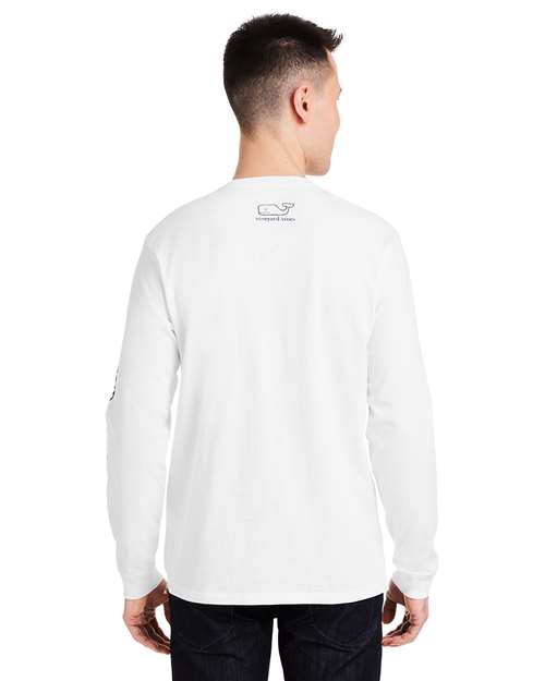 vineyard vines V021214 Unisex Long Sleeve Pocket T-Shirt - White Cap/ Blue Blazer - model back