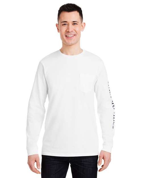 vineyard vines V021214 Unisex Long Sleeve Pocket T-Shirt - White Cap/ Blue Blazer - model front