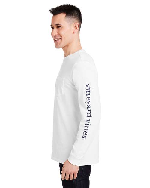 vineyard vines V021214 Unisex Long Sleeve Pocket T-Shirt - White Cap/ Blue Blazer - model side