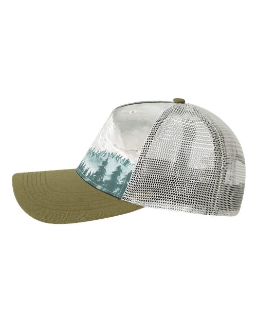 LOCALE 5PTKR Printed Five-Panel Trucker Cap - Denali Olive Green/ Grey - side