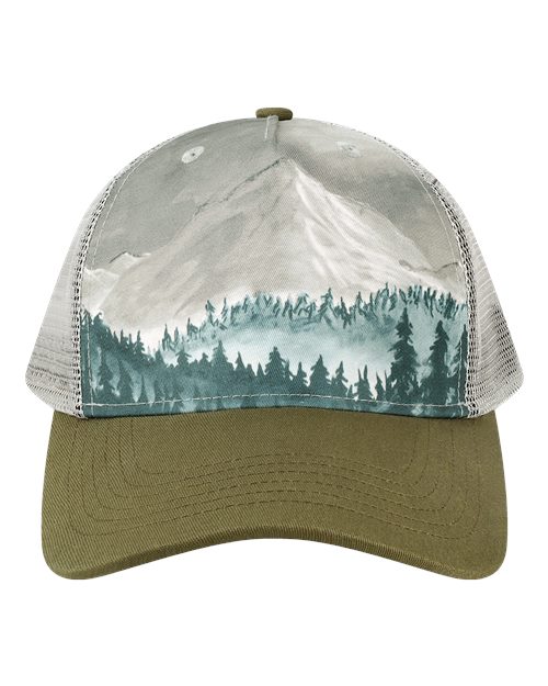 LOCALE 5PTKR Printed Five-Panel Trucker Cap - Denali Olive Green/ Grey - front