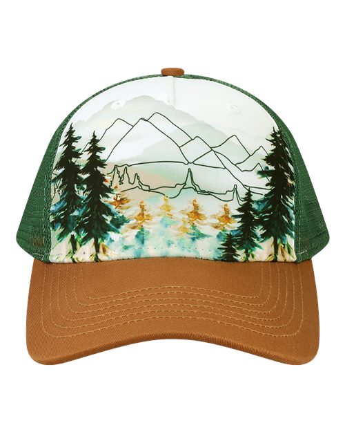LOCALE 5PTKR Printed Five-Panel Trucker Cap - Explorer/ Brown - front