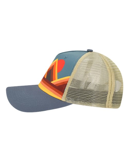 LOCALE 5PTKR Printed Five-Panel Trucker Cap - Mountain Contours Maroon/ Slate - side