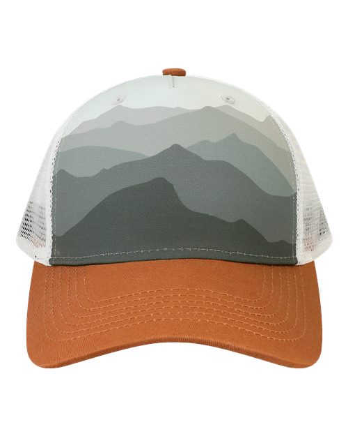 LOCALE 5PTKR Printed Five-Panel Trucker Cap - Ranges Grey/ Dark Orange - front