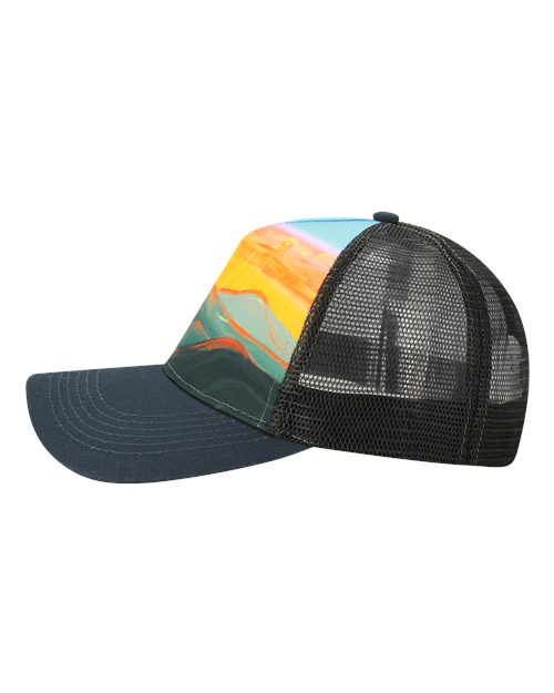 LOCALE 5PTKR Printed Five-Panel Trucker Cap - Sunset Hills/ Teal - side
