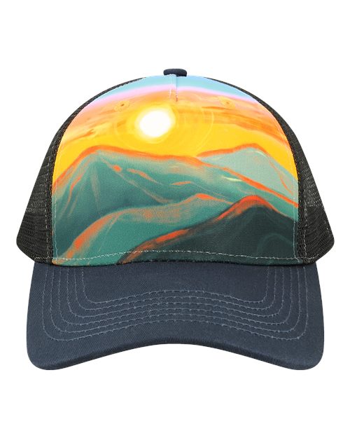 LOCALE 5PTKR Printed Five-Panel Trucker Cap - Sunset Hills/ Teal - front