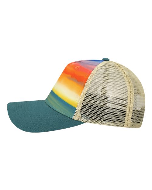 LOCALE 5PTKR Printed Five-Panel Trucker Cap - Watercolor Sunset/ Teal - side