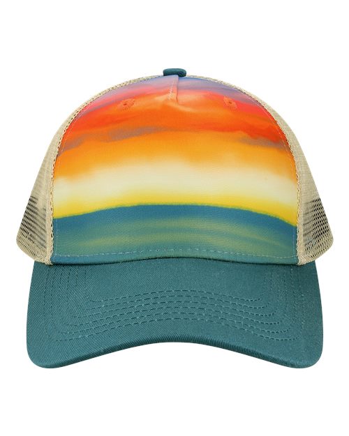 LOCALE 5PTKR Printed Five-Panel Trucker Cap - Watercolor Sunset/ Teal - front