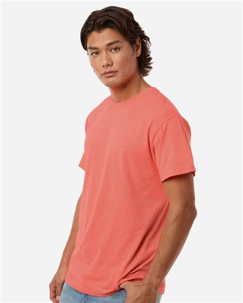 M&O 4800 Men's Gold Soft Touch T-Shirt - Heather Coral - model side