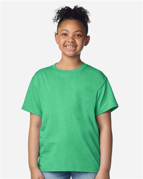 Gildan 3000B Youth Light Cotton T-Shirt - Heather Irish Green - model front