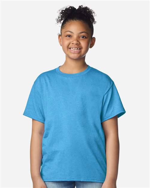 Gildan 3000B Youth Light Cotton T-Shirt - Heather Sapphire - model front