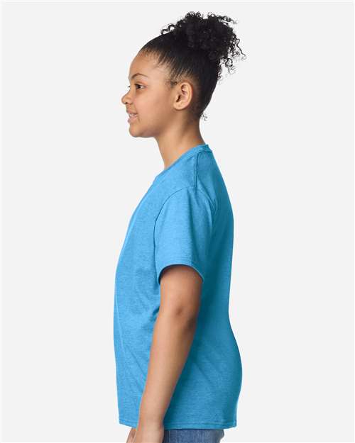 Gildan 3000B Youth Light Cotton T-Shirt - Heather Sapphire - model side