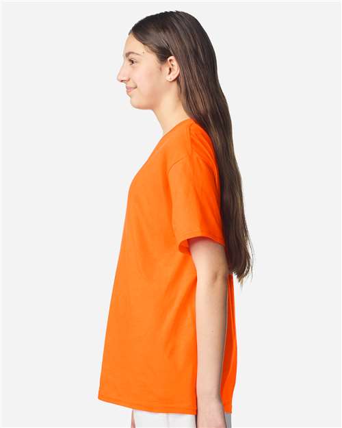 Gildan 3000B Youth Light Cotton T-Shirt - Safety Orange - model side