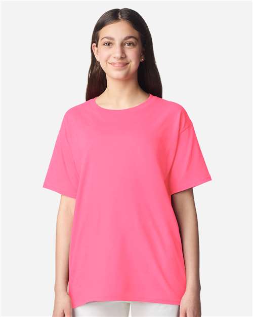 Gildan 3000B Youth Light Cotton T-Shirt - Safety Pink - model front