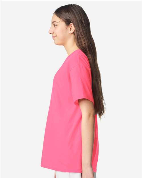Gildan 3000B Youth Light Cotton T-Shirt - Safety Pink - model side