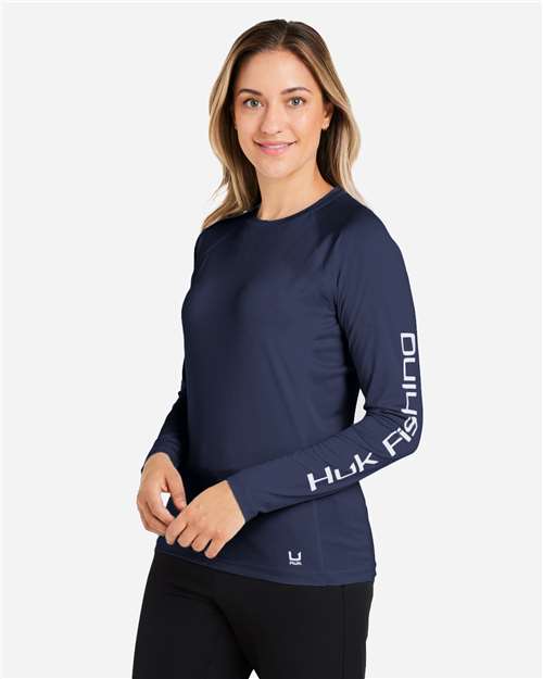 HUK H612L04 Women's LoPro Pursuit Long Sleeve T-Shirt - Naval Academy - model side