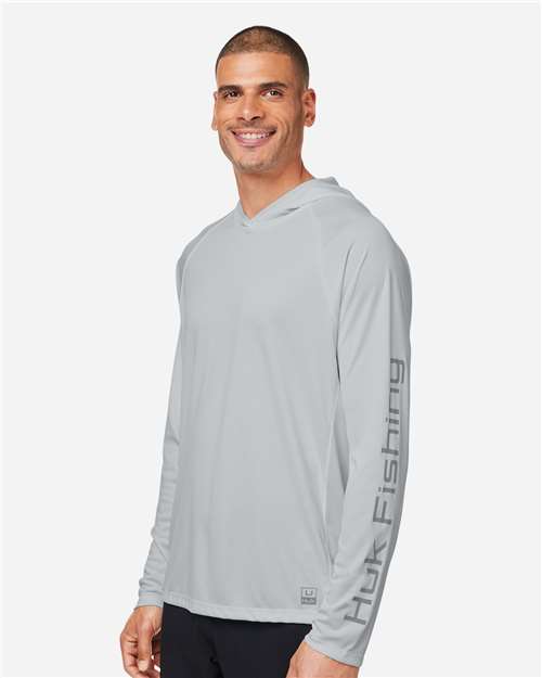 HUK H12L010 Men's LoPro Pursuit Long Sleeve Hooded T-Shirt - Harbor Mist - model side