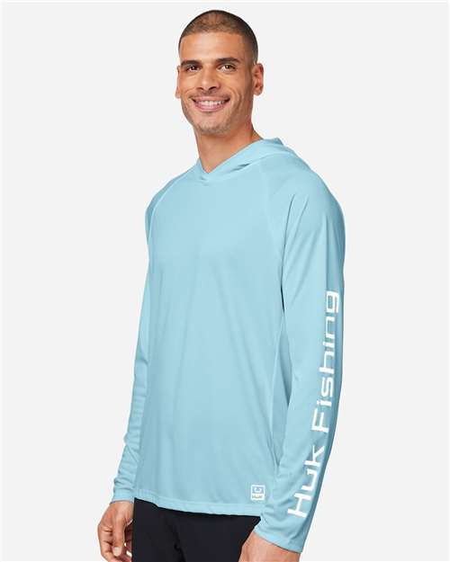 HUK H12L010 Men's LoPro Pursuit Long Sleeve Hooded T-Shirt - Island Paradise - model side